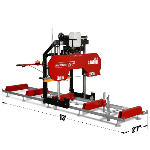 26" Portable Sawmill, 420cc 15HP E-Start Gasoline Engine, 22" Board Width, 13' Track Length , SM26