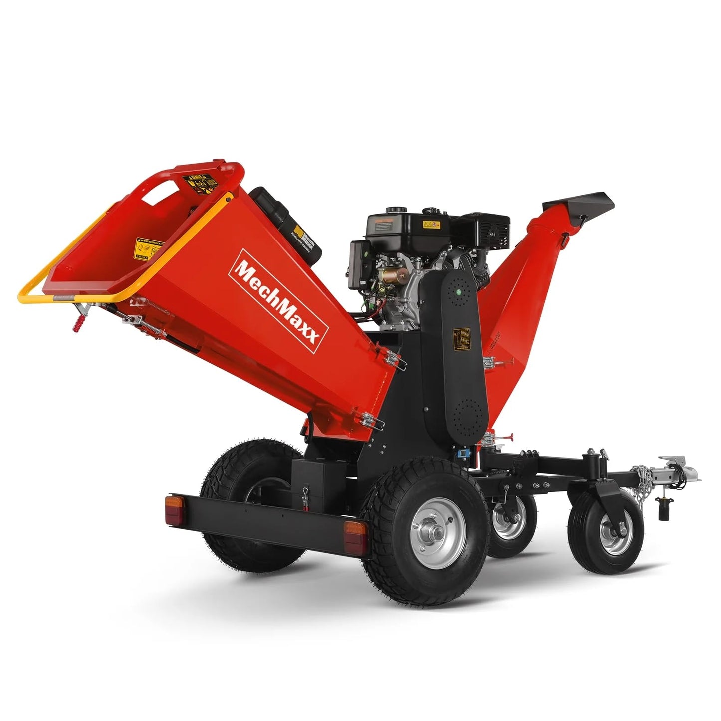 MechMaxx 6 inch ZONSEN 459cc 15hp E-Start Gas Powered 4-Wheels Wood Chipper Shredder Mulcher with Towbar/Tail Light/Emergency Stop Button/Stop Bar, Model B150 Yellow